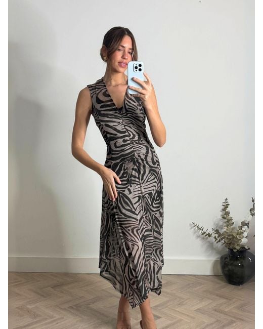 Style Cheat Black Senna V-Neck Ruched Animal Midi Dress