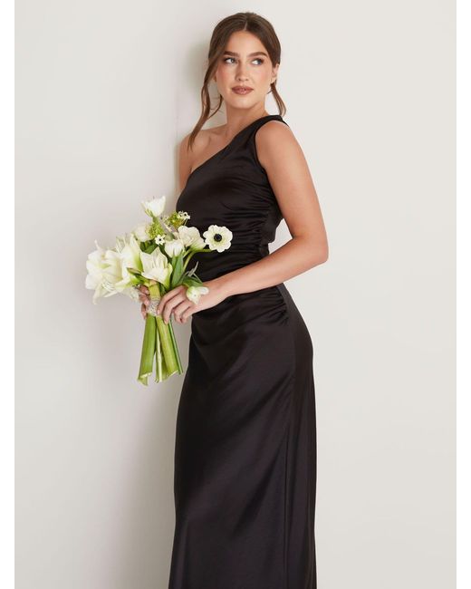 Six Stories Black One Shoulder Satin Ruched Bridesmaid Dress