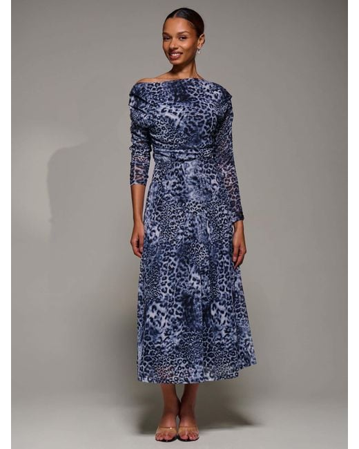 Jolie Moi Blue Long Sleeve Asymmetric Gathered Mesh Midi Dress