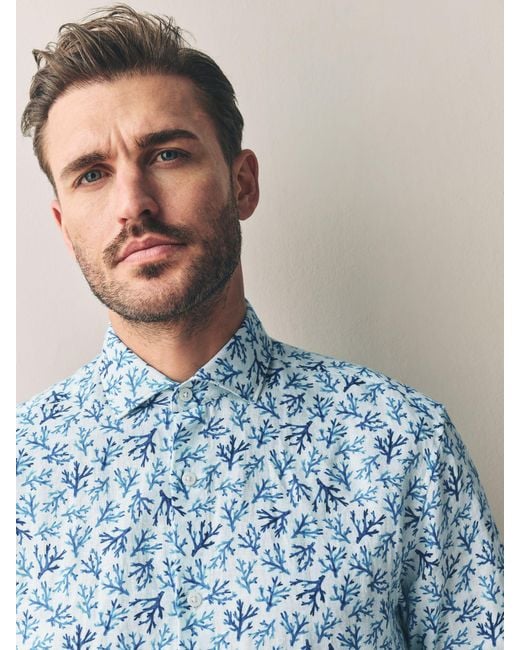 Next Blue Regular Fit Print 100% Linen Long Sleeve Smart Shirt for men