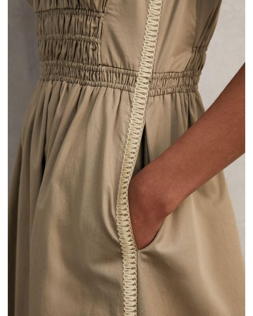 Reiss Natural Anouk - Khaki Cotton Craft-stitch Shirred Midi Dress, Us 12