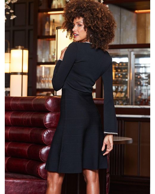 Sosandar Black Knitted Pearl Trim Fit & Flare Dress