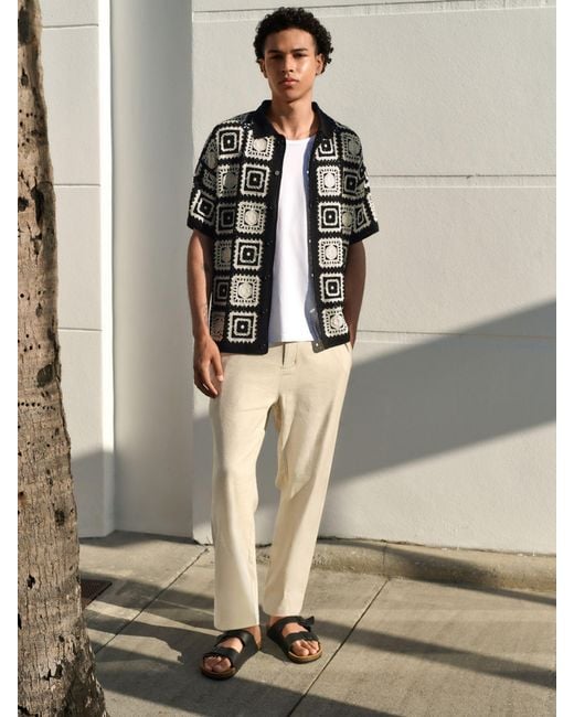 Next Black Relaxed Fit Cotton Rich Short Sleeve Knit Crochet Pattern Button-Through Polo Shirt for men