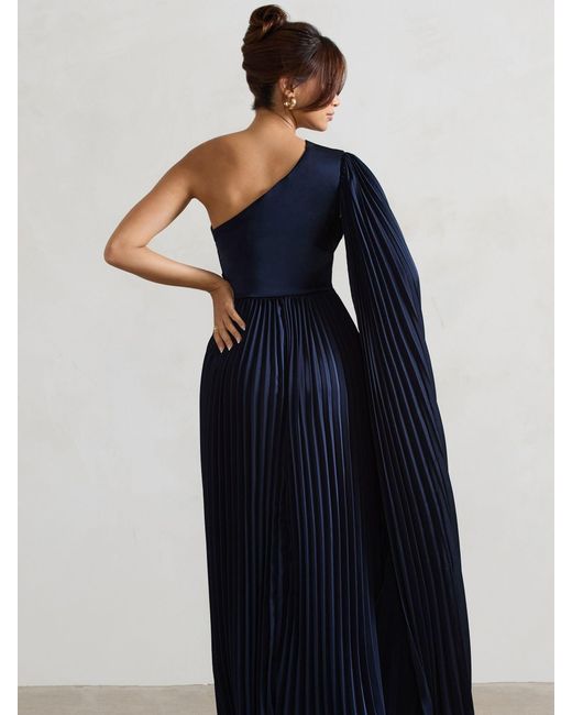 Club L London Blue My Vision Plisse Asymmetric Split Maxi Dress With Cape Sleeve