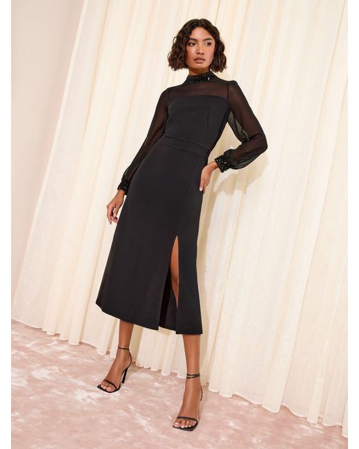 Friends Like These Women's Natural Chiffon Scuba Sequin Trim Midi Dress