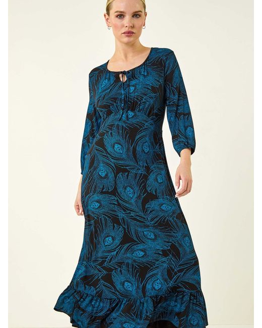Roman Women's Blue Petite Feather Print Keyhole Midi Dress -  www.rajagirimanappuram.com