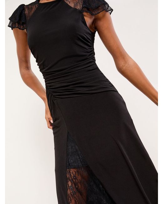 Lipsy Black Lace Insert Ruched Asymmetrical Fit And Flare Midi Dress