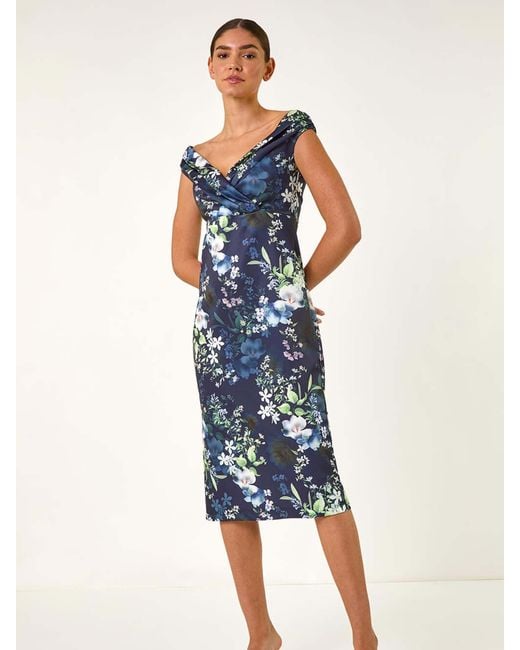 Roman Blue Floral Print Bardot Stretch Midi Dress