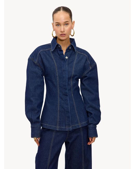 Loavies Blue Under Falling Leaves Tailored Button Up Denim Blouse