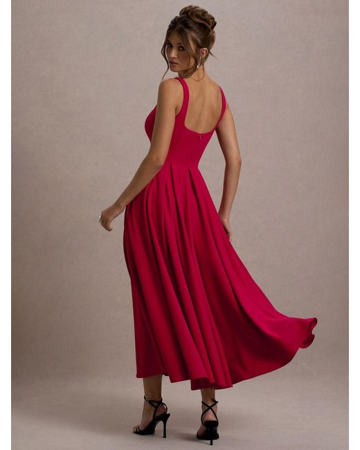 Club L London Red Parina Strappy Volume Hem Midi Dress