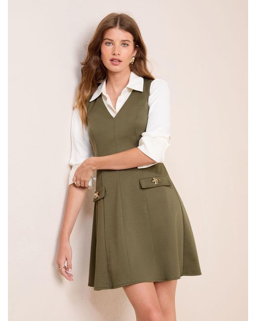 Friends Like These Natural Petite Mini Fit Sleeveless V-Neck And Flare Button Detail Dress