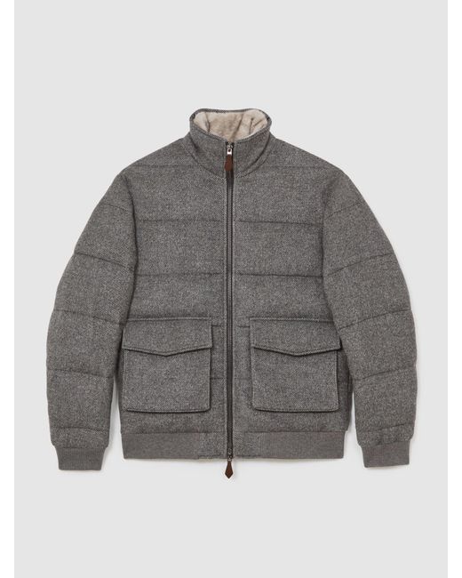 Reiss Gray Faux-Fur Collar Quilted Puffer Jacket for men