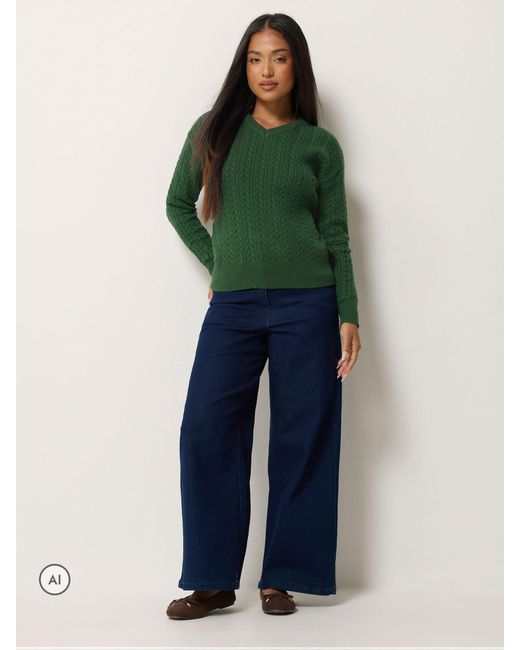 M Com Green Petite V-Neck Mini Cable Jumper