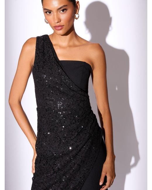 lipsy one shoulder black dress Lipsy Women's Black Mini One Shoulder Sequin Lace Drape Dress