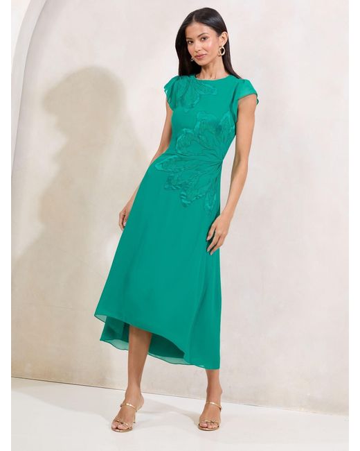 Lipsy Petite Floral Print Appliqu Fit And Flare Short Sleeve Midi Dress in  Green | Lyst