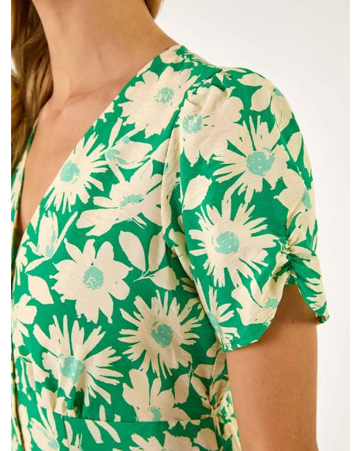 Roman Green Daisy Print V-Neck Tea Dress