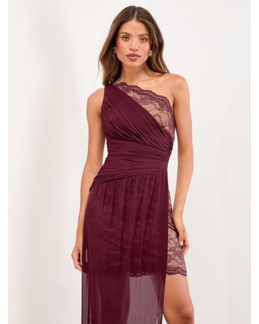 Lipsy Women's Pink One Shoulder Lace Mesh Mix Maxi Dress