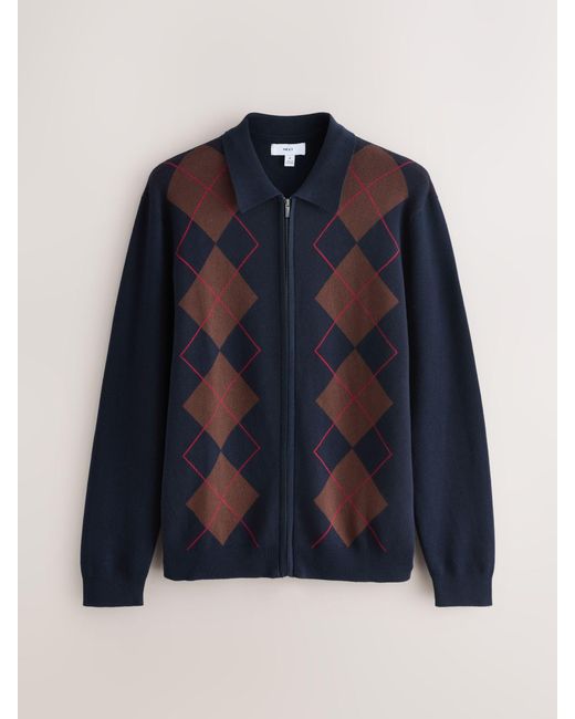 Next Blue Regular Fit Argyle Pattern Collared Zip Through Cardigan for men