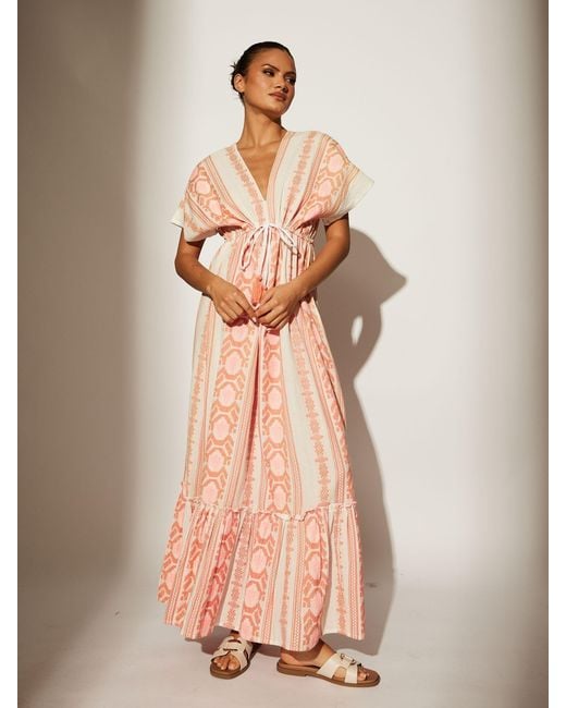 South Beach Pink Jacquard V-Neck Maxi Dress