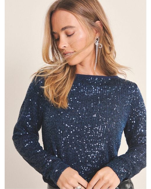 Simply Be Blue Slash Neck Sequin Top