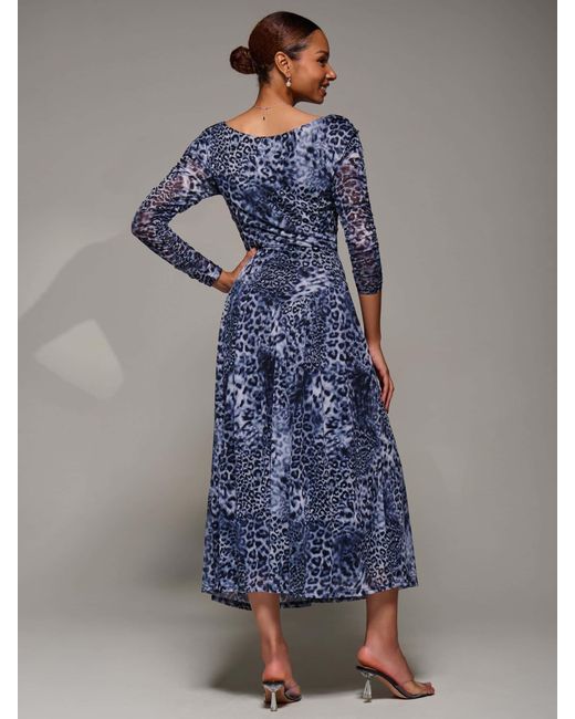 Jolie Moi Blue Long Sleeve Asymmetric Gathered Mesh Midi Dress