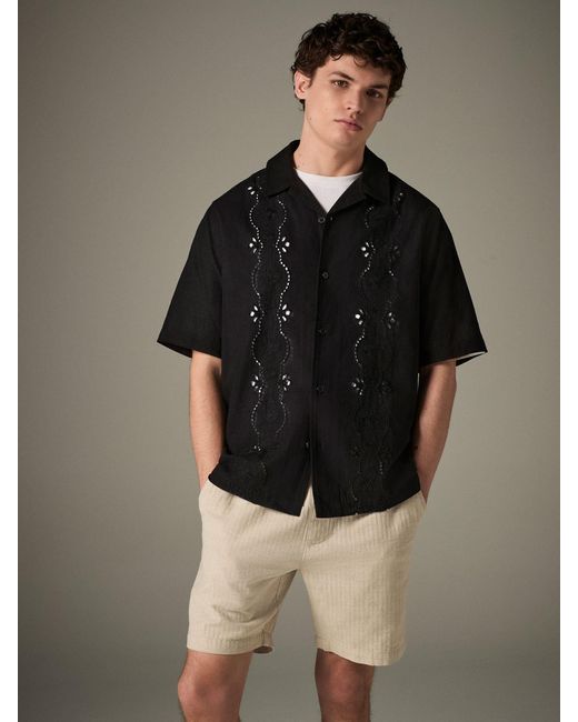 Next Black 100% Cotton Textured Broderie Short Sleeve Shirt for men