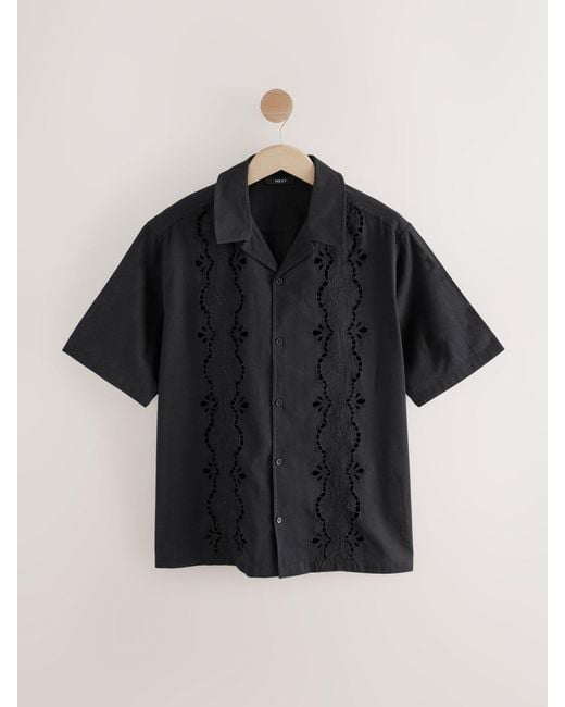 Next Black 100% Cotton Textured Broderie Short Sleeve Shirt for men