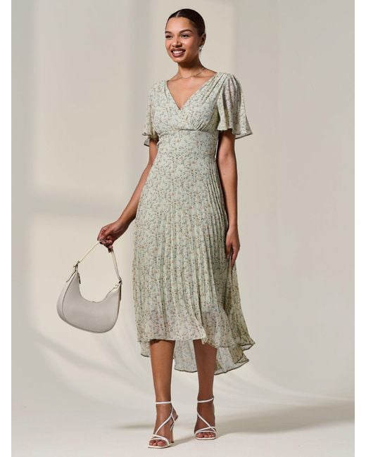 Jolie Moi Natural Floral Print Pleated Dip Hem Maxi Dress