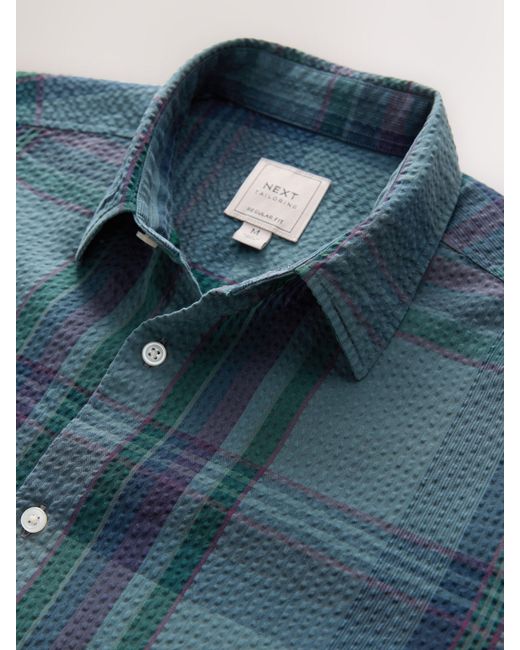 Next Blue Regular Fit 100% Cotton Check Seersucker Short Sleeve Smart Shirt for men