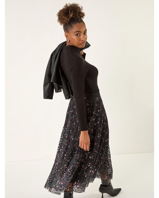 Roman Black Printed Lace Overlay Skirt