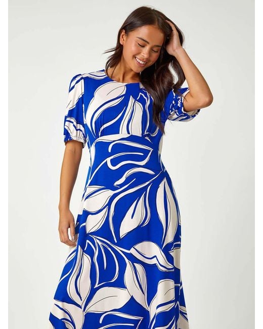Roman Blue Petite Leaf Stretch Midi Dress