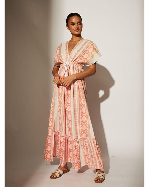 South Beach Pink Jacquard V-Neck Maxi Dress
