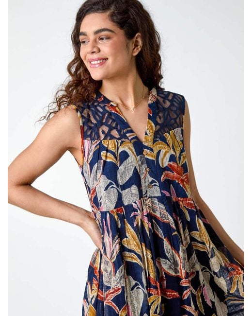 Roman Blue 100% Cotton Tropical Lace Detail Tiered Dress