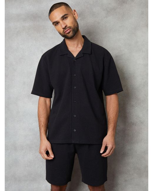 Threadbare Strukturiertes Kurzarmhemd Mit Revere-Kragenlarge in Black für Herren