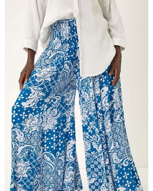 Roman Blue Printed Shirred Wide Leg Trousers