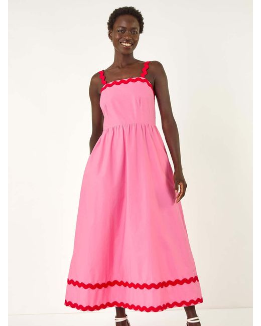 Roman Pink Contrast Ric Rac 100% Cotton Midi Dress