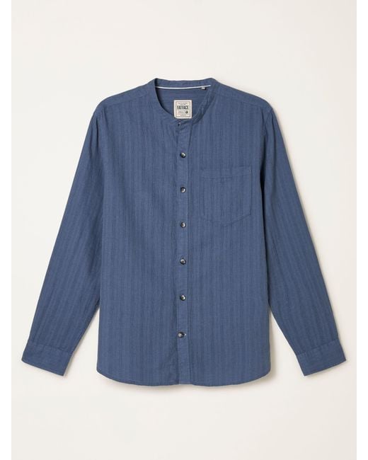 FatFace Blue Fatface Bugle Long Sleeve Grandad Linen Cotton Shirt for men