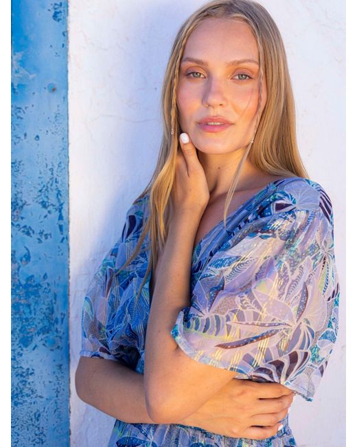 South Beach Blue Printed Metallic Chiffon Button Detail Maxi Dress