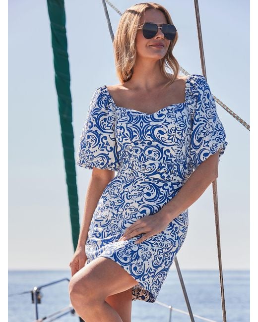 Sosandar Blue Scarf Print Linen Blend Puff Sleeve Belted Dress