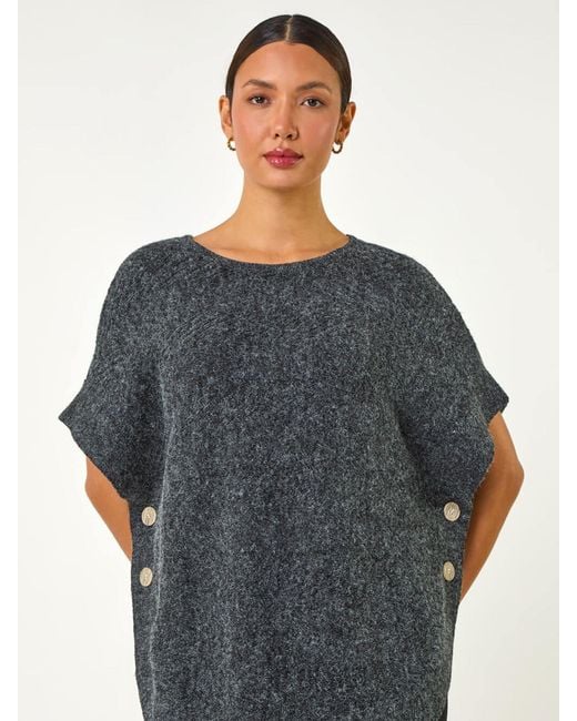 Roman Gray Contrast Roll Neck Button Knit Poncho