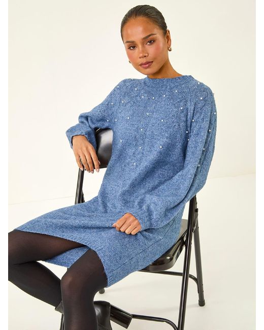 Roman Women's Blue Petite Faux Pearl Knit Dress - magambanetwork.com