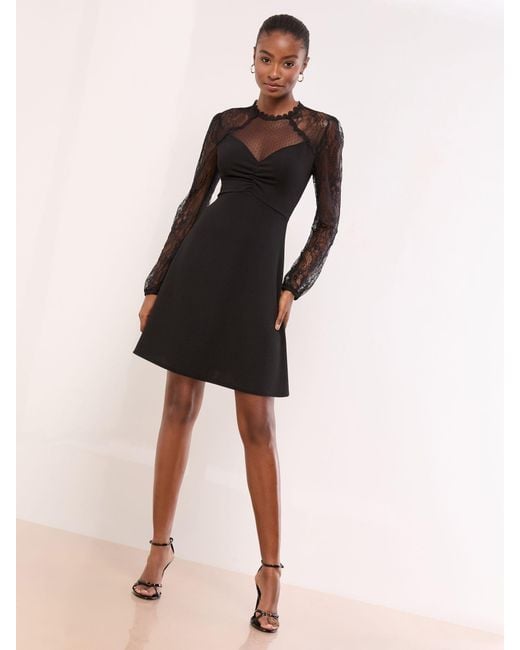 Lipsy Black Lace Mesh High Neck Ruched Mini Dress