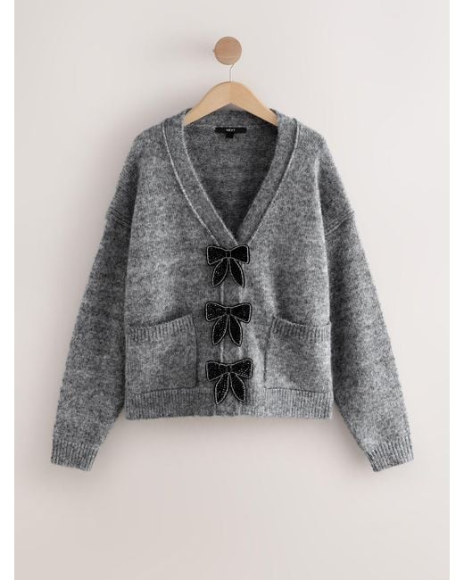 Next Gray Bow Button Pocket Cardigan
