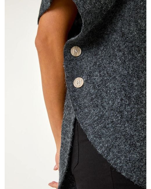 Roman Gray Contrast Roll Neck Button Knit Poncho