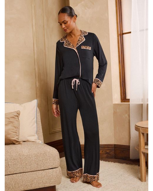 Love & Roses Black Leopard Tipped Jersey Button Through Pyjamas Set