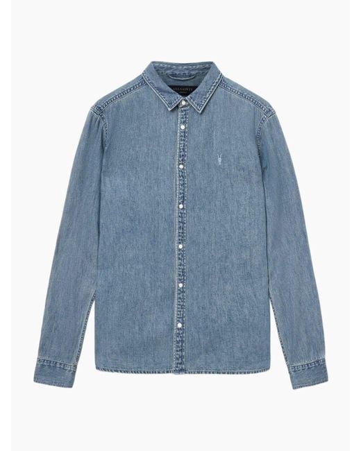 AllSaints Blue Allsaints Gleason Long Sleeve Press Stud Shirt for men