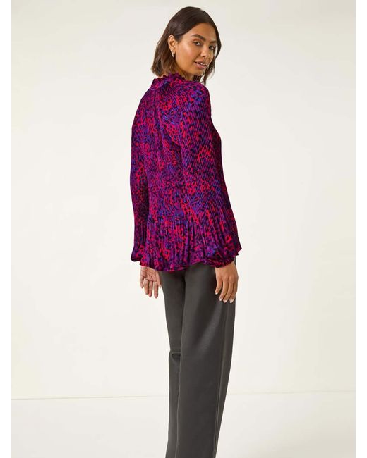 Roman Red Animal Print Tie Neck Pleated Blouse