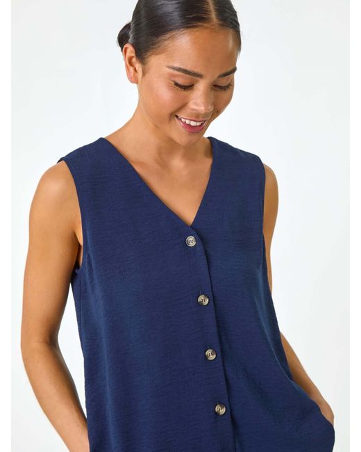Roman Blue Buttoned Sleeveless Blouse