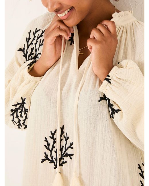 FatFace Natural Fatface Beachwear Coral Embroidered Kaftan Dress