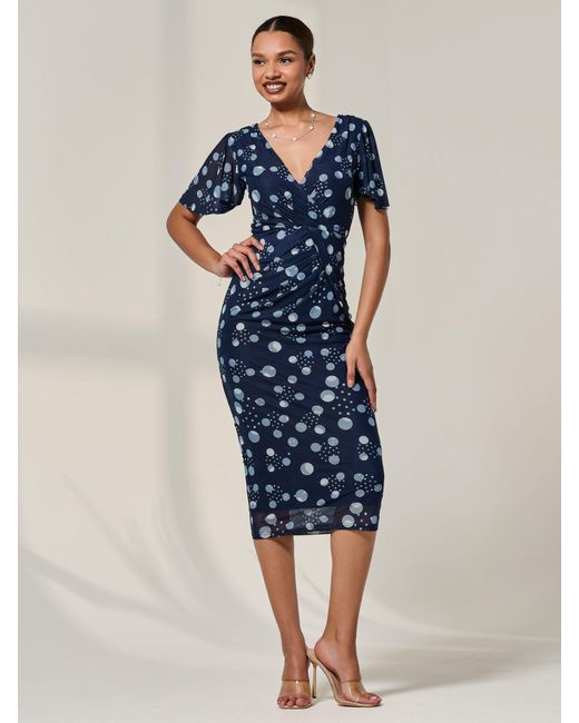 Jolie Moi Blue Mesh Short Sleeve Midi Dress